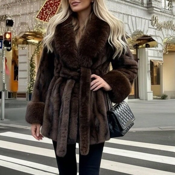 Coffee Brown Women's Christmas Faux Fur Long Sleeve Coat - Picture 6 of 7